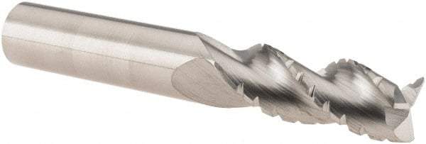 SGS - 3/8" Diam, 1" LOC, 3 Flute Solid Carbide 0.01" Corner Radius Roughing End Mill - Uncoated, 2-1/2" OAL, 3/8" Shank Diam, Single End, Centercutting, 38° Helix - Eagle Tool & Supply