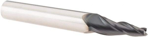 SGS - 7° Taper Angle per Side, 1/16" Small End Diam, 1-1/4" LOC, Solid Carbide 3 Flute Tapered Square End Mill - AlTiN Finish, 4" OAL, 1/2" Shank Diam, Spiral Flute, 28° Helix - Eagle Tool & Supply