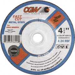 Camel Grinding Wheels - 24 Grit, 7" Wheel Diam, 1/4" Wheel Thickness, Type 27 Depressed Center Wheel - Coarse Grade, Aluminum Oxide, Resinoid Bond, 8,600 Max RPM - Eagle Tool & Supply