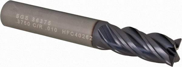 SGS - 3/8", 4 Flute, Single End, Solid Carbide, 0.01" Corner Radius End Mill - 2-1/2" OAL, Right Hand Flute, 7/8" LOC, Right Hand Cut - Eagle Tool & Supply