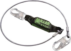 Miller - 6' Long, 310 Lb Capacity, 1 Leg Locking Snap Hook Harness Shock Absorbing Lanyard - 1-1/2" Diam, Vinyl Coated Wire Rope, Locking Snap Hook Anchorage Connection - Eagle Tool & Supply
