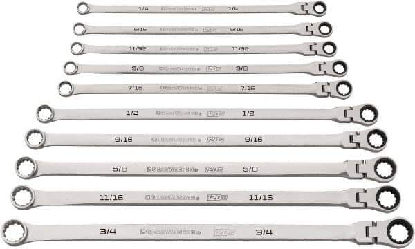 GearWrench - 10 Piece, 1/4" to 3/4", Ratcheting Flexhead Combination Wrench Set - Inch Measurement Standard, Chrome Finish - Eagle Tool & Supply