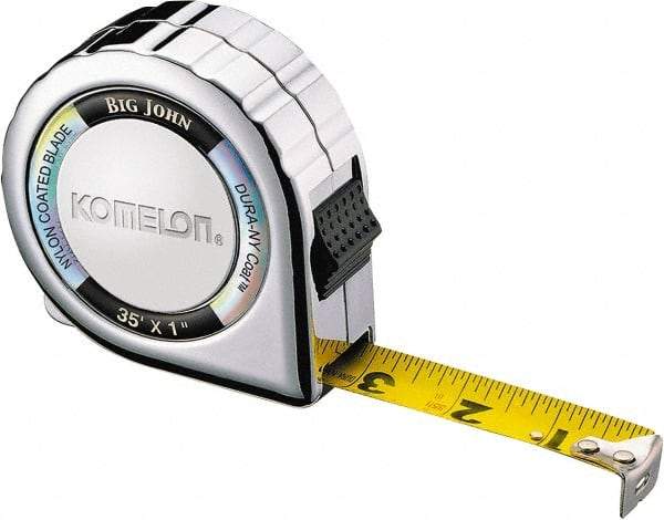 Komelon - 35' x 1" Yellow Steel Blade Tape Measure - 1/16" Graduation, Inch Graduation Style, Chrome Metal Case - Eagle Tool & Supply
