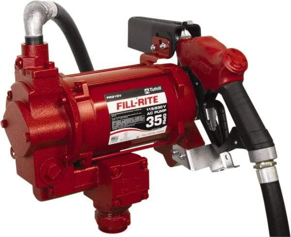Tuthill - 35 GPM, 1" Hose Diam, Gasoline, Kerosene & Diesel Fuel AC High Flow Tank Pump with Auto Nozzle - Cast Iron Pump, 1-1/4" Inlet, 1" Outlet, 115/230 Volts, 18' Hose Length, 3/4 hp - Eagle Tool & Supply