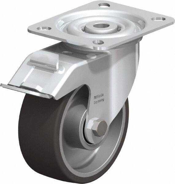 Blickle - 4" Diam x 1-9/16" Wide x 4-59/64" OAH Top Plate Mount Swivel Caster with Brake - Polyurethane-Elastomer, 220 Lb Capacity, Ball Bearing, 3-15/16 x 3-3/8" Plate - Eagle Tool & Supply