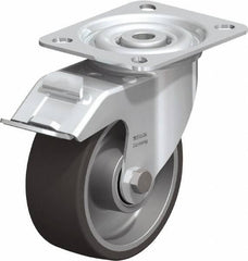 Blickle - 4" Diam x 1-9/16" Wide x 4-59/64" OAH Top Plate Mount Swivel Caster with Brake - Polyurethane-Elastomer, 220 Lb Capacity, Ball Bearing, 3-15/16 x 3-3/8" Plate - Eagle Tool & Supply