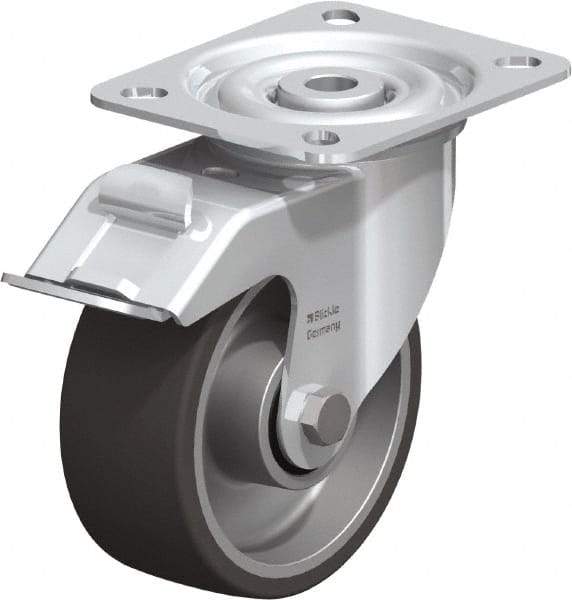Blickle - 4" Diam x 1-9/16" Wide x 4-59/64" OAH Top Plate Mount Swivel Caster with Brake - Polyurethane-Elastomer, 220 Lb Capacity, Plain Bore Bearing, 3-15/16 x 3-3/8" Plate - Eagle Tool & Supply