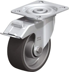 Blickle - 4" Diam x 1-9/16" Wide x 4-59/64" OAH Top Plate Mount Swivel Caster with Brake - Polyurethane-Elastomer, 220 Lb Capacity, Plain Bore Bearing, 3-15/16 x 3-3/8" Plate - Eagle Tool & Supply
