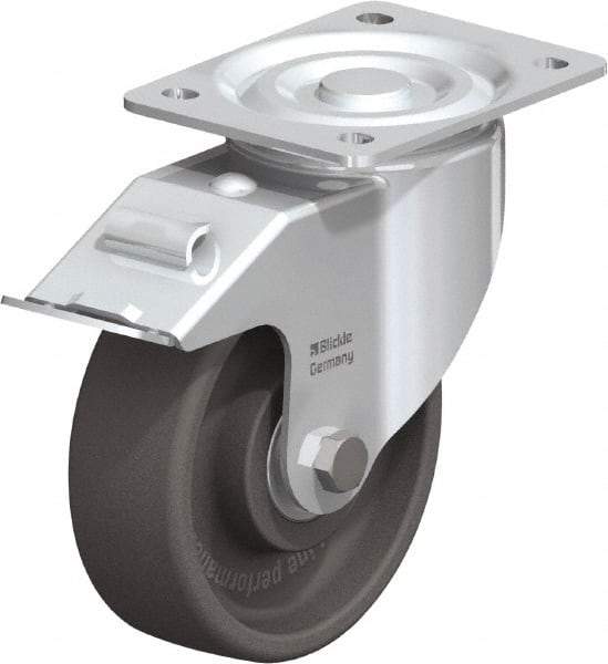 Blickle - 6" Diam x 2" Wide x 7-1/2" OAH Top Plate Mount Swivel Caster with Brake - Heat-Resistant Nylon, 770 Lb Capacity, Ball Bearing, 5-1/2 x 4-3/8" Plate - Eagle Tool & Supply