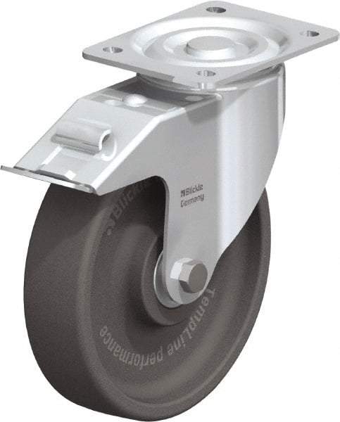 Blickle - 8" Diam x 2" Wide x 9-1/4" OAH Top Plate Mount Swivel Caster with Brake - Heat-Resistant Nylon, 770 Lb Capacity, Ball Bearing, 5-1/2 x 4-3/8" Plate - Eagle Tool & Supply