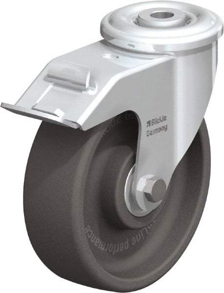 Blickle - 5" Diam x 1-3/16" Wide x 5-7/8" OAH Hollow Kingpin Mount Swivel Caster with Brake - Heat-Resistant Nylon, 330 Lb Capacity, Ball Bearing, Hollow Kingpin Stem - Eagle Tool & Supply