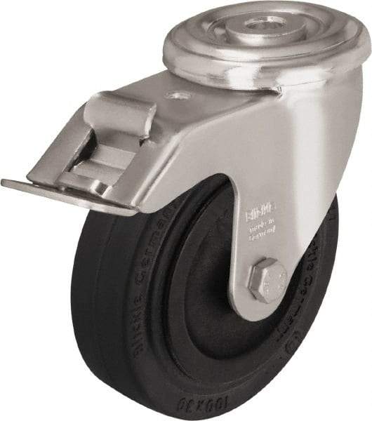 Blickle - 4" Diam x 1-3/16" Wide x 4-59/64" OAH Hollow Kingpin Mount Swivel Caster with Brake - Heat-Resistant Solid Rubber, 220 Lb Capacity, Plain Bore Bearing, Hollow Kingpin Stem - Eagle Tool & Supply