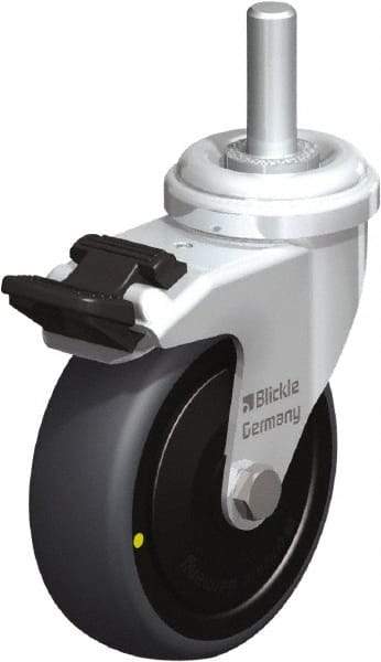 Blickle - 3" Diam x 63/64" Wide x 3-27/32" OAH Stem Mount Swivel Caster with Brake - Rubber Elastomer (TPE), 110 Lb Capacity, Ball Bearing, 3/8 x 1-13/16" Threaded Stem - Eagle Tool & Supply