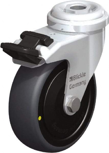 Blickle - 3" Diam x 63/64" Wide x 3-27/32" OAH Hollow Kingpin Mount Swivel Caster with Brake - Rubber Elastomer (TPE), 110 Lb Capacity, Ball Bearing, Hollow Kingpin Stem - Eagle Tool & Supply