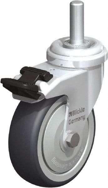 Blickle - 3" Diam x 63/64" Wide x 3-27/32" OAH Stem Mount Swivel Caster with Brake - Rubber Elastomer (TPE), 165 Lb Capacity, Ball Bearing, 3/8 x 1-13/16" Threaded Stem - Eagle Tool & Supply