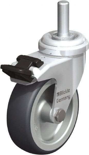 Blickle - 3" Diam x 63/64" Wide x 3-27/32" OAH Stem Mount Swivel Caster with Brake - Rubber Elastomer (TPE), 165 Lb Capacity, Plain Bore Bearing, 3/8" Threaded Stem - Eagle Tool & Supply
