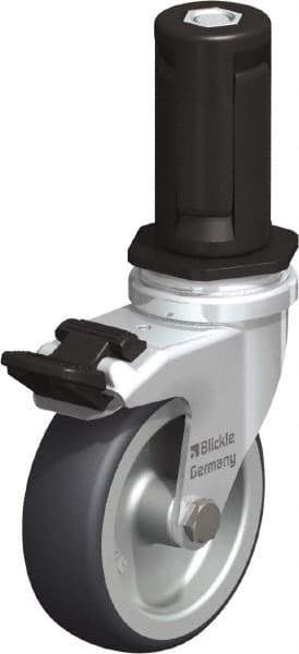 Blickle - 3" Diam x 63/64" Wide x 4" OAH Stem Mount Swivel Caster with Brake - Rubber Elastomer (TPE), 165 Lb Capacity, Plain Bore Bearing, Round Stem - Eagle Tool & Supply