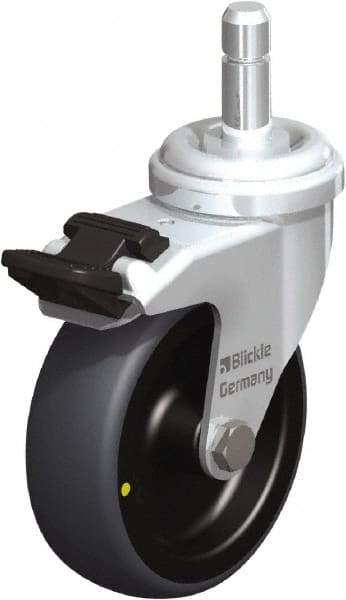 Blickle - 3" Diam x 63/64" Wide x 3-27/32" OAH Stem Mount Swivel Caster with Brake - Rubber Elastomer (TPE), 110 Lb Capacity, Plain Bore Bearing, Friction Stem - Eagle Tool & Supply