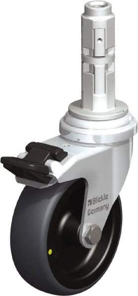 Blickle - 3" Diam x 63/64" Wide x 4" OAH Metal Expander Mount Swivel Caster with Brake - Rubber Elastomer (TPE), 110 Lb Capacity, Plain Bore Bearing, Metal Expander Stem - Eagle Tool & Supply