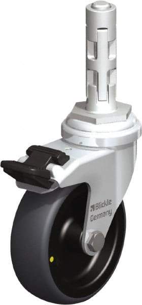 Blickle - 3" Diam x 63/64" Wide x 4" OAH Metal Expander Mount Swivel Caster with Brake - Rubber Elastomer (TPE), 110 Lb Capacity, Plain Bore Bearing, Metal Expander Stem - Eagle Tool & Supply