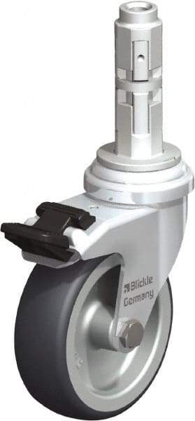 Blickle - 3" Diam x 63/64" Wide x 4" OAH Metal Expander Mount Swivel Caster with Brake - Rubber Elastomer (TPE), 165 Lb Capacity, Plain Bore Bearing, Metal Expander Stem - Eagle Tool & Supply