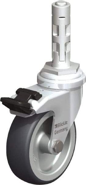 Blickle - 3" Diam x 63/64" Wide x 4" OAH Metal Expander Mount Swivel Caster with Brake - Rubber Elastomer (TPE), 165 Lb Capacity, Plain Bore Bearing, Metal Expander Stem - Eagle Tool & Supply