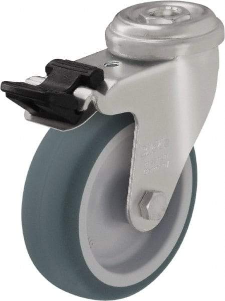 Blickle - 4" Diam x 63/64" Wide x 4-49/64" OAH Hollow Kingpin Mount Swivel Caster with Brake - Rubber Elastomer (TPE), 154 Lb Capacity, Plain Bore Bearing, Hollow Kingpin Stem - Eagle Tool & Supply