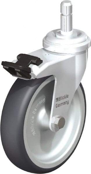 Blickle - 4" Diam x 63/64" Wide x 4-49/64" OAH Stem Mount Swivel Caster with Brake - Rubber Elastomer (TPE), 154 Lb Capacity, Plain Bore Bearing, Friction Stem - Eagle Tool & Supply