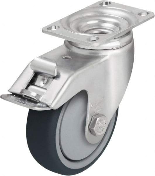 Blickle - 4" Diam x 1-1/4" Wide x 5-1/8" OAH Top Plate Mount Swivel Caster with Brake - Thermoplastic Polyurethane, 400 Lb Capacity, Ball Bearing, 3-5/8 x 2-1/2" Plate - Eagle Tool & Supply