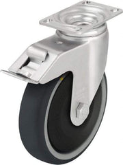 Blickle - 5" Diam x 1-1/4" Wide x 6-1/8" OAH Top Plate Mount Swivel Caster with Brake - Thermoplastic Polyurethane, 400 Lb Capacity, Ball Bearing, 3-5/8 x 2-1/2" Plate - Eagle Tool & Supply