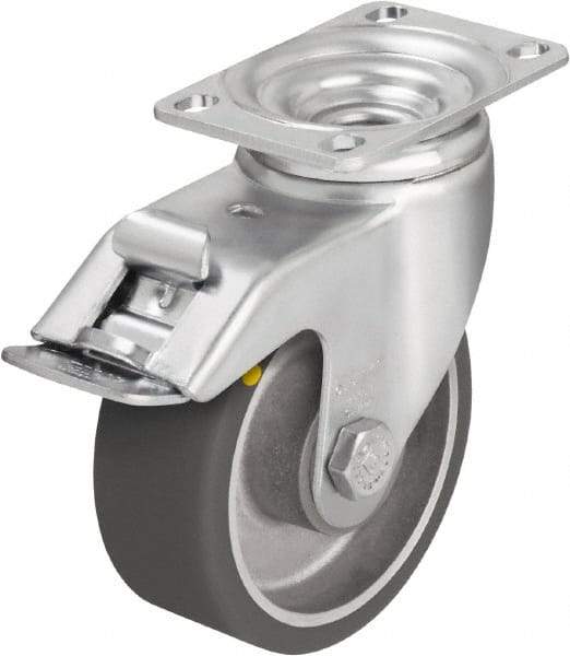 Blickle - 5" Diam x 1-9/16" Wide x 6-1/8" OAH Top Plate Mount Swivel Caster with Brake - Polyurethane-Elastomer Blickle Softhane, 400 Lb Capacity, Ball Bearing, 3-5/8 x 2-1/2" Plate - Eagle Tool & Supply
