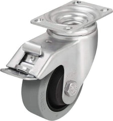 Blickle - 4" Diam x 1-3/8" Wide x 5-1/8" OAH Top Plate Mount Swivel Caster with Brake - Solid Rubber, 400 Lb Capacity, Ball Bearing, 3-5/8 x 2-1/2" Plate - Eagle Tool & Supply