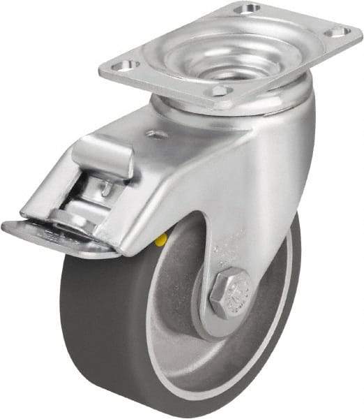 Blickle - 4" Diam x 1-9/16" Wide x 5-1/8" OAH Top Plate Mount Swivel Caster with Brake - Polyurethane-Elastomer Blickle Softhane, 400 Lb Capacity, Ball Bearing, 3-5/8 x 2-1/2" Plate - Eagle Tool & Supply