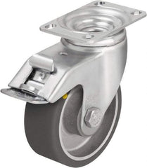 Blickle - 4" Diam x 1-9/16" Wide x 5-1/8" OAH Top Plate Mount Swivel Caster with Brake - Polyurethane-Elastomer Blickle Softhane, 400 Lb Capacity, Ball Bearing, 3-5/8 x 2-1/2" Plate - Eagle Tool & Supply