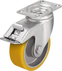 Blickle - 4" Diam x 1-9/16" Wide x 5-1/8" OAH Top Plate Mount Swivel Caster with Brake - Polyurethane-Elastomer Blickle Softhane, 400 Lb Capacity, Ball Bearing, 3-5/8 x 2-1/2" Plate - Eagle Tool & Supply