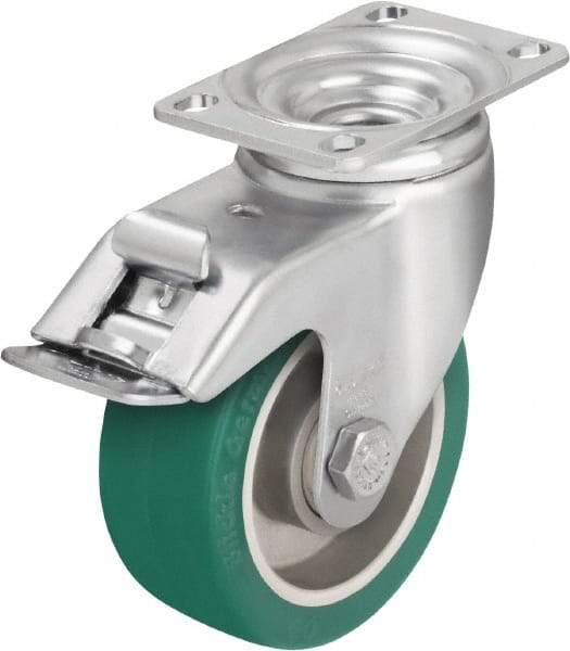 Blickle - 5" Diam x 1-9/16" Wide x 6-1/8" OAH Top Plate Mount Swivel Caster with Brake - Polyurethane-Elastomer Blickle Softhane, 400 Lb Capacity, Ball Bearing, 3-5/8 x 2-1/2" Plate - Eagle Tool & Supply