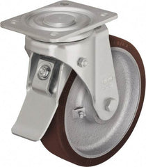Blickle - 10" Diam x 2-23/64" Wide x 11-39/64" OAH Top Plate Mount Swivel Caster with Brake - Polyurethane-Elastomer Blickle Besthane, 1,980 Lb Capacity, Ball Bearing, 5-1/2 x 4-3/8" Plate - Eagle Tool & Supply