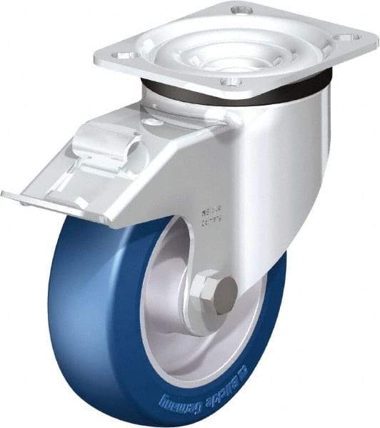 Blickle - 5" Diam x 1-37/64" Wide x 6-7/64" OAH Top Plate Mount Swivel Caster with Brake - Polyurethane-Elastomer Blickle Besthane, 770 Lb Capacity, Ball Bearing, 3-15/16 x 3-3/8" Plate - Eagle Tool & Supply