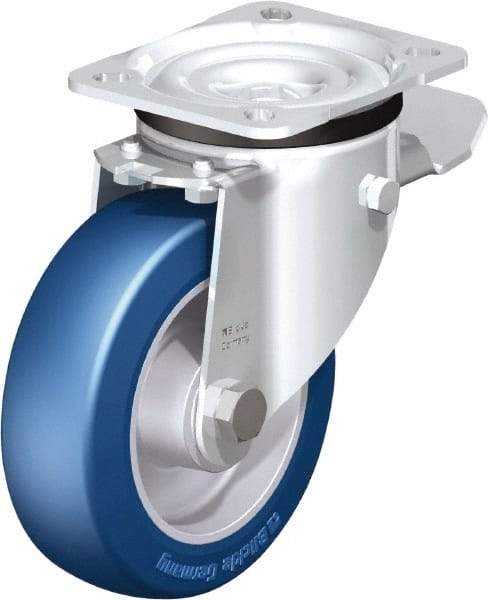 Blickle - 5" Diam x 1-37/64" Wide x 6-7/64" OAH Top Plate Mount Swivel Caster with Brake - Polyurethane-Elastomer Blickle Besthane, 770 Lb Capacity, Ball Bearing, 3-15/16 x 3-3/8" Plate - Eagle Tool & Supply