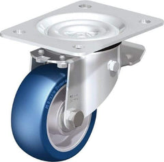 Blickle - 4" Diam x 1-37/64" Wide x 5-7/64" OAH Top Plate Mount Swivel Caster with Brake - Polyurethane-Elastomer Blickle Besthane, 660 Lb Capacity, Ball Bearing, 5-1/2 x 4-3/8" Plate - Eagle Tool & Supply