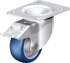 Blickle - 4" Diam x 1-37/64" Wide x 5-7/64" OAH Top Plate Mount Swivel Caster with Brake - Polyurethane-Elastomer Blickle Besthane, 660 Lb Capacity, Ball Bearing, 5-1/2 x 4-3/8" Plate - Eagle Tool & Supply