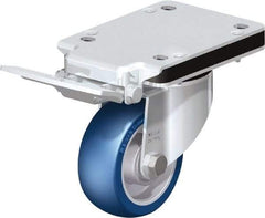Blickle - 4" Diam x 1-37/64" Wide x 5-25/32" OAH Top Plate Mount Swivel Caster with Brake - Polyurethane-Elastomer Blickle Besthane, 660 Lb Capacity, Ball Bearing, 5-1/2 x 4-3/8" Plate - Eagle Tool & Supply