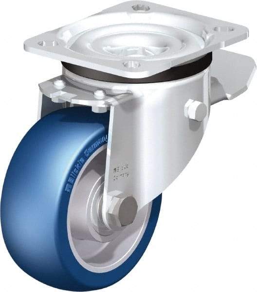 Blickle - 4" Diam x 1-37/64" Wide x 5-7/64" OAH Top Plate Mount Swivel Caster with Brake - Polyurethane-Elastomer Blickle Besthane, 660 Lb Capacity, Ball Bearing, 3-15/16 x 3-3/8" Plate - Eagle Tool & Supply