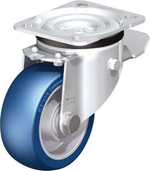 Blickle - 4" Diam x 1-37/64" Wide x 5-7/64" OAH Top Plate Mount Swivel Caster with Brake - Polyurethane-Elastomer Blickle Besthane, 660 Lb Capacity, Ball Bearing, 3-15/16 x 3-3/8" Plate - Eagle Tool & Supply