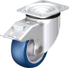 Blickle - 4" Diam x 1-37/64" Wide x 5-7/64" OAH Top Plate Mount Swivel Caster with Brake - Polyurethane-Elastomer Blickle Besthane, 660 Lb Capacity, Ball Bearing, 3-15/16 x 3-3/8" Plate - Eagle Tool & Supply