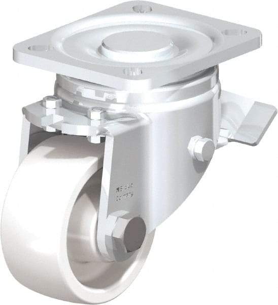 Blickle - 3" Diam x 1-29/64" Wide x 4-23/32" OAH Top Plate Mount Swivel Caster with Brake - Impact-Resistant Nylon, 770 Lb Capacity, Plain Bore Bearing, 3-15/16 x 3-3/8" Plate - Eagle Tool & Supply