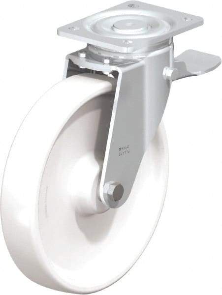 Blickle - 10" Diam x 1-31/32" Wide x 11-39/64" OAH Top Plate Mount Swivel Caster with Brake - Impact-Resistant Nylon, 1,980 Lb Capacity, Plain Bore Bearing, 5-1/2 x 4-3/8" Plate - Eagle Tool & Supply