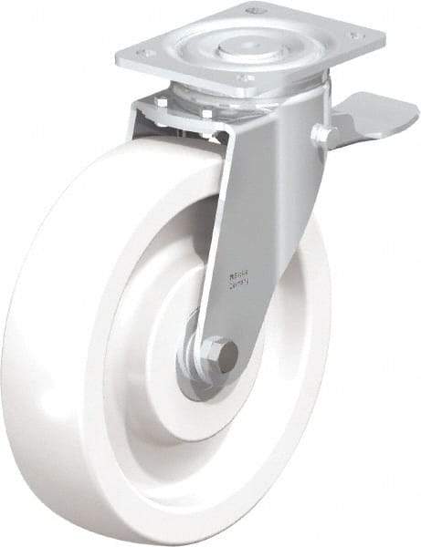 Blickle - 10" Diam x 2-9/16" Wide x 11-39/64" OAH Top Plate Mount Swivel Caster with Brake - Impact-Resistant Nylon, 1,980 Lb Capacity, Ball Bearing, 5-1/2 x 4-3/8" Plate - Eagle Tool & Supply