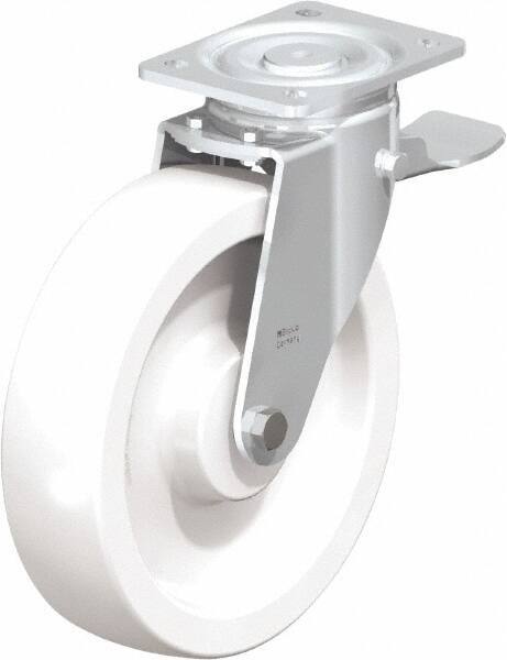 Blickle - 10" Diam x 2-9/16" Wide x 11-39/64" OAH Top Plate Mount Swivel Caster with Brake - Impact-Resistant Nylon, 1,980 Lb Capacity, Plain Bore Bearing, 5-1/2 x 4-3/8" Plate - Eagle Tool & Supply