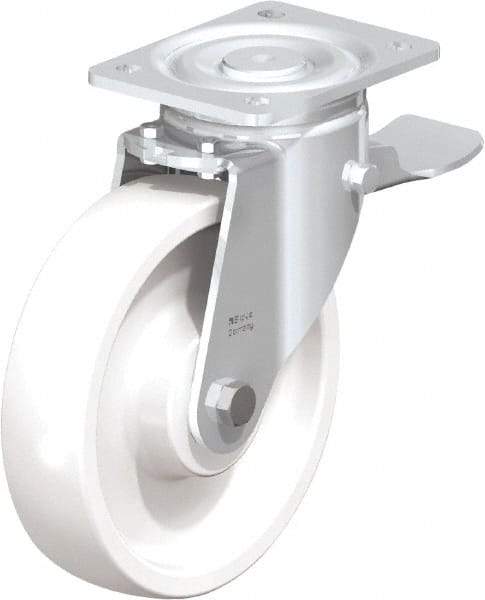 Blickle - 8" Diam x 1-31/32" Wide x 9-41/64" OAH Top Plate Mount Swivel Caster with Brake - Impact-Resistant Nylon, 1,980 Lb Capacity, Ball Bearing, 5-1/2 x 4-3/8" Plate - Eagle Tool & Supply